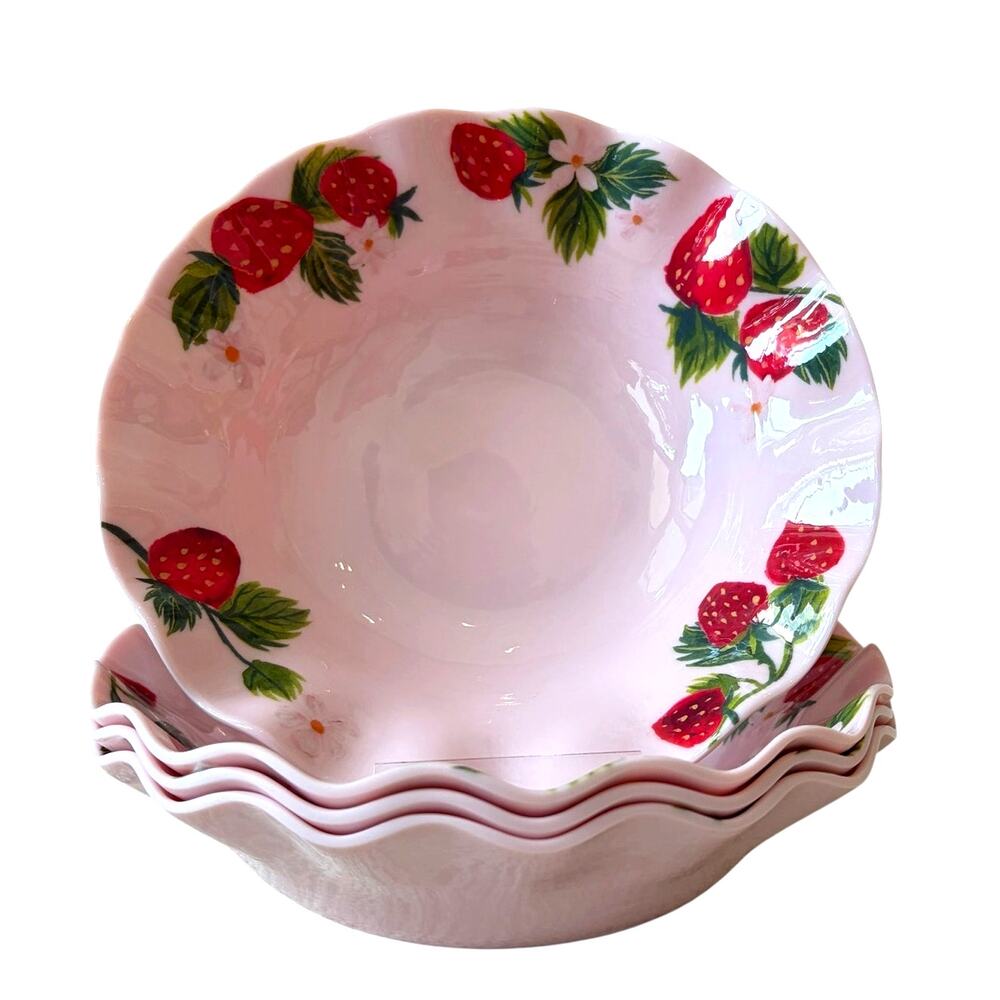 4pc Soho Loft Pink Strawberry Melamine Salad Bowls 8in Indoor Outdoor Summer NEW